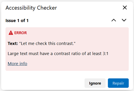 Brightspace Accessibility Checker warning and solution, showing a description of the issue, a link to more info, and options to ignore or repair the flagged issue