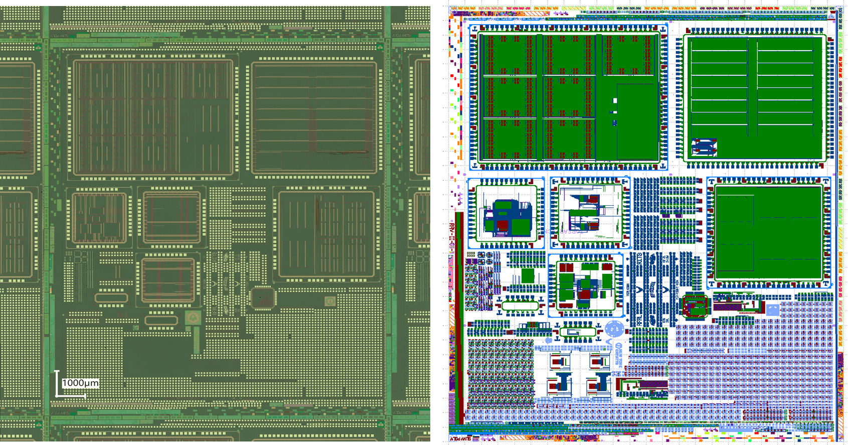 Image showing a completed microchip containing resistive random access memory and CMOS, as well as a schematic of the chip design in a second panel.