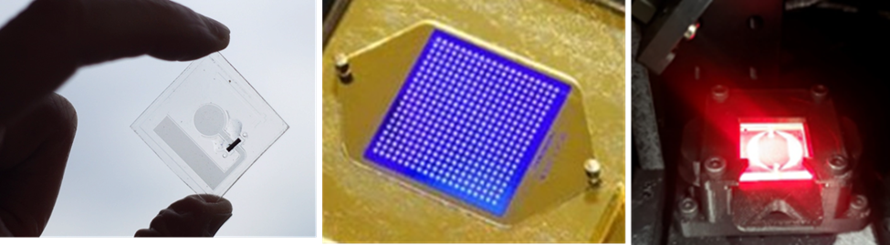 Three panel image of a microfluidic biosensor in panel 1, a close-up image of a plasmonic biosensor chip with microarray spots in panel 2, and an image of the plasmonic chip being illuminated by a laser in panel 3. 