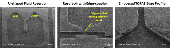This is a series of electron microscope images of microfluidic channels molded into polymer. The images show the small, micrometer sized channels that are molded into the polymer. 