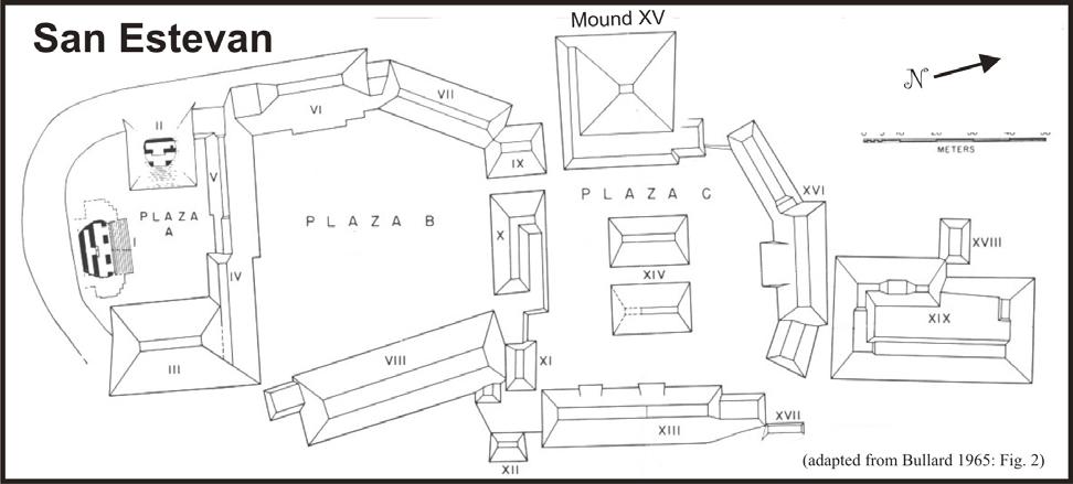 A simple map of San Estevan, showing three plazas and the 19 mounds, adapted from Bullard 1965.