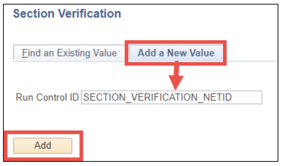 A screenshot of the PeopleSoft page, showing how to create a Run Control ID as a first-time user, as described above.