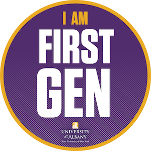A purple circle that reads, "I am first gen." The UAlbany logo is positioned below the words.
