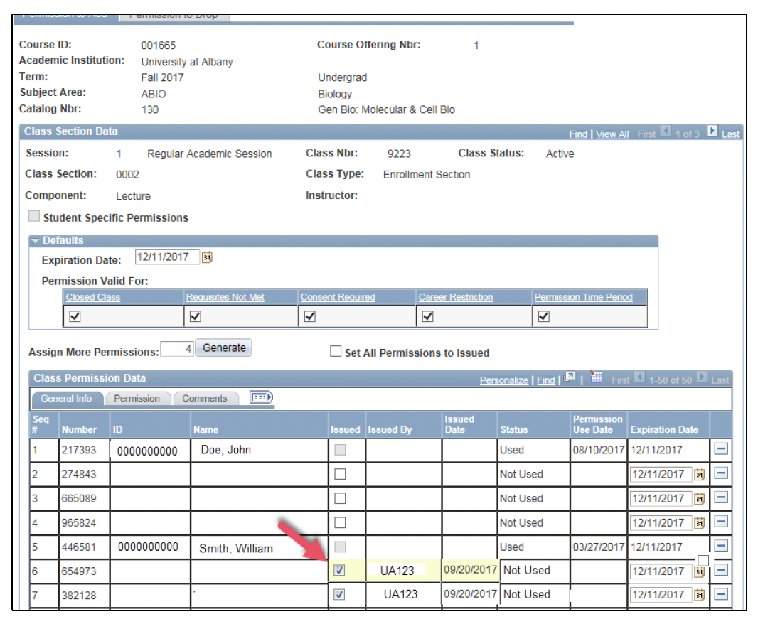 A screenshot of the PeopleSoft page, showing the issued box actions described in the bullet above.