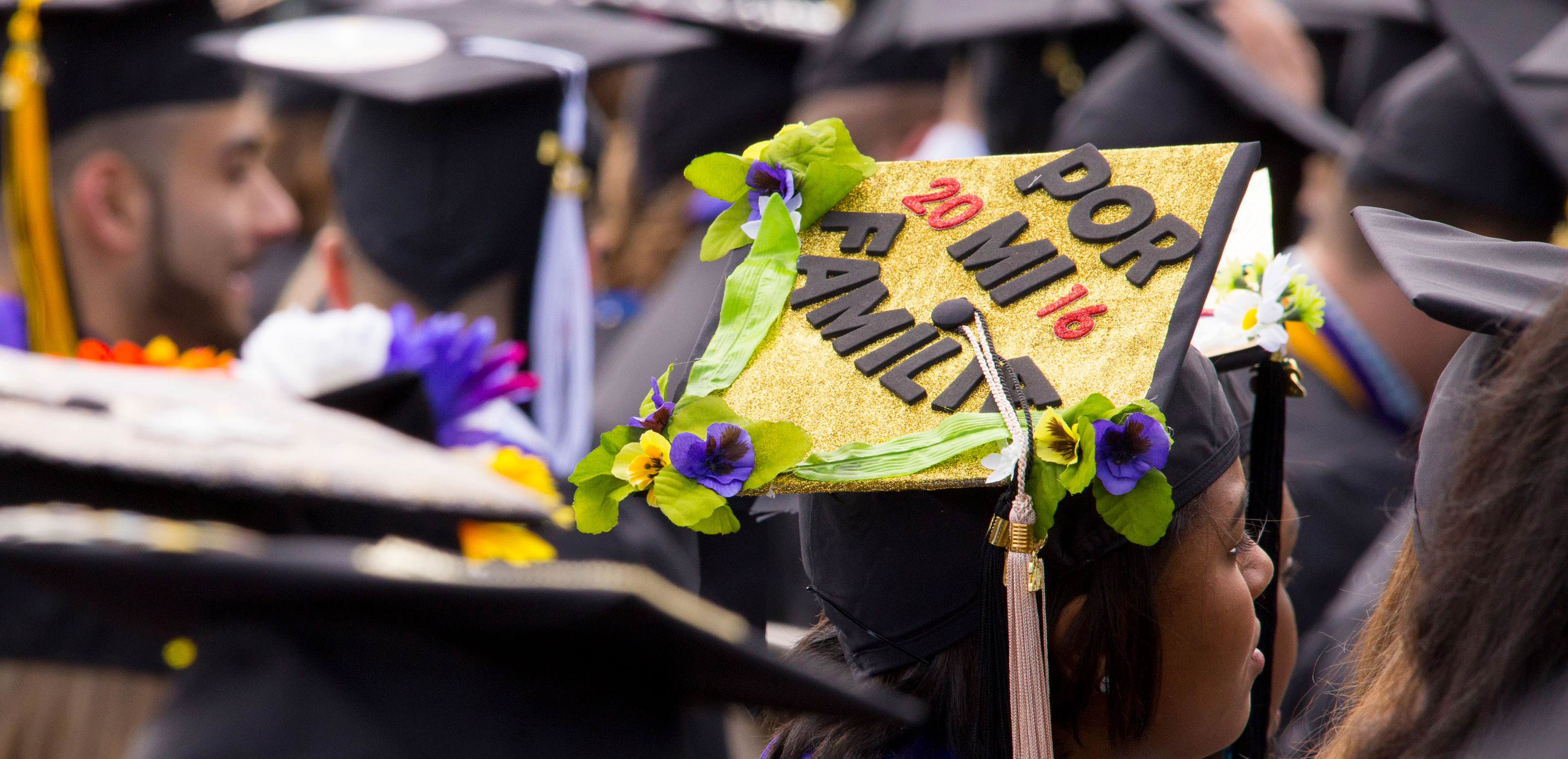 A student's graduation cap decorated with the words "Por Mi Familia" and "2016" against a gold background with purple and yellow flowers.