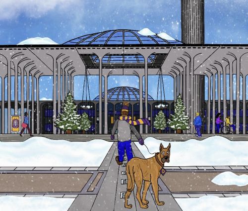 Illustration of a snowy Podium shows the back of a person in a scarf and hat walking a Great Dane, who has stopped and turned toward the front