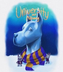 illustration of a blue bust of a great dane wearing a purple and gold scarf. Above are the words University at Albany
