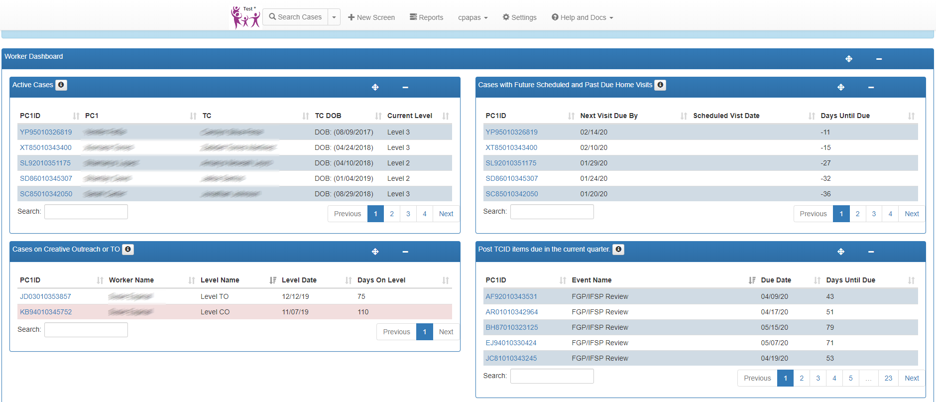 A screenshot of a Healthy Families New York dashboard, showing a worker dashboard with information on active, future and past cases.