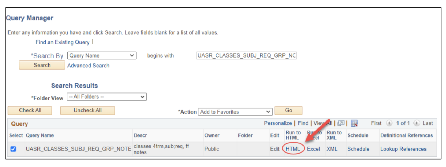 A screenshot of the PeopleSoft page showing how to a query to HTML, as described above.