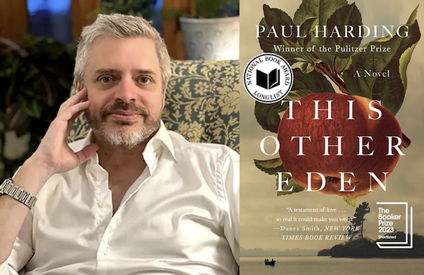 Portrait of a man with gray hair, a goatee and white button down shirt next to a book cover for "The Other Eden" featuring an apple.