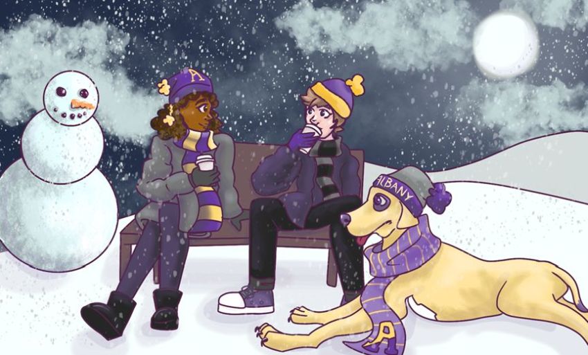 Illustration of people drinking cocoa on a bench in the snow with Damien the Great Dane at their feet