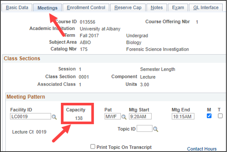 A screenshot of the PeopleSoft page, showing how to identify classroom capacities.