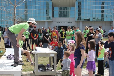 Justin Minder leads a demonstration at UAlbany's 2019 Earth Day event on campus.