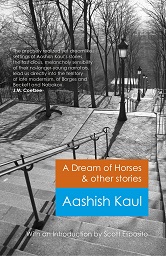 Cover of "A Dream of Horses & other stories," featuring a black and white photo of an outdoor staircase with railings and streetlights, a quote with text too small to read, "A Dream of Horses & other stories" written in white text on orange, and "Aashish Kaul" written in white text on blue.