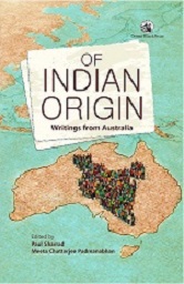 Cover of 'Of Indian Origin' with an illustration of people standing in the shape of India superimposed over a map of Australia