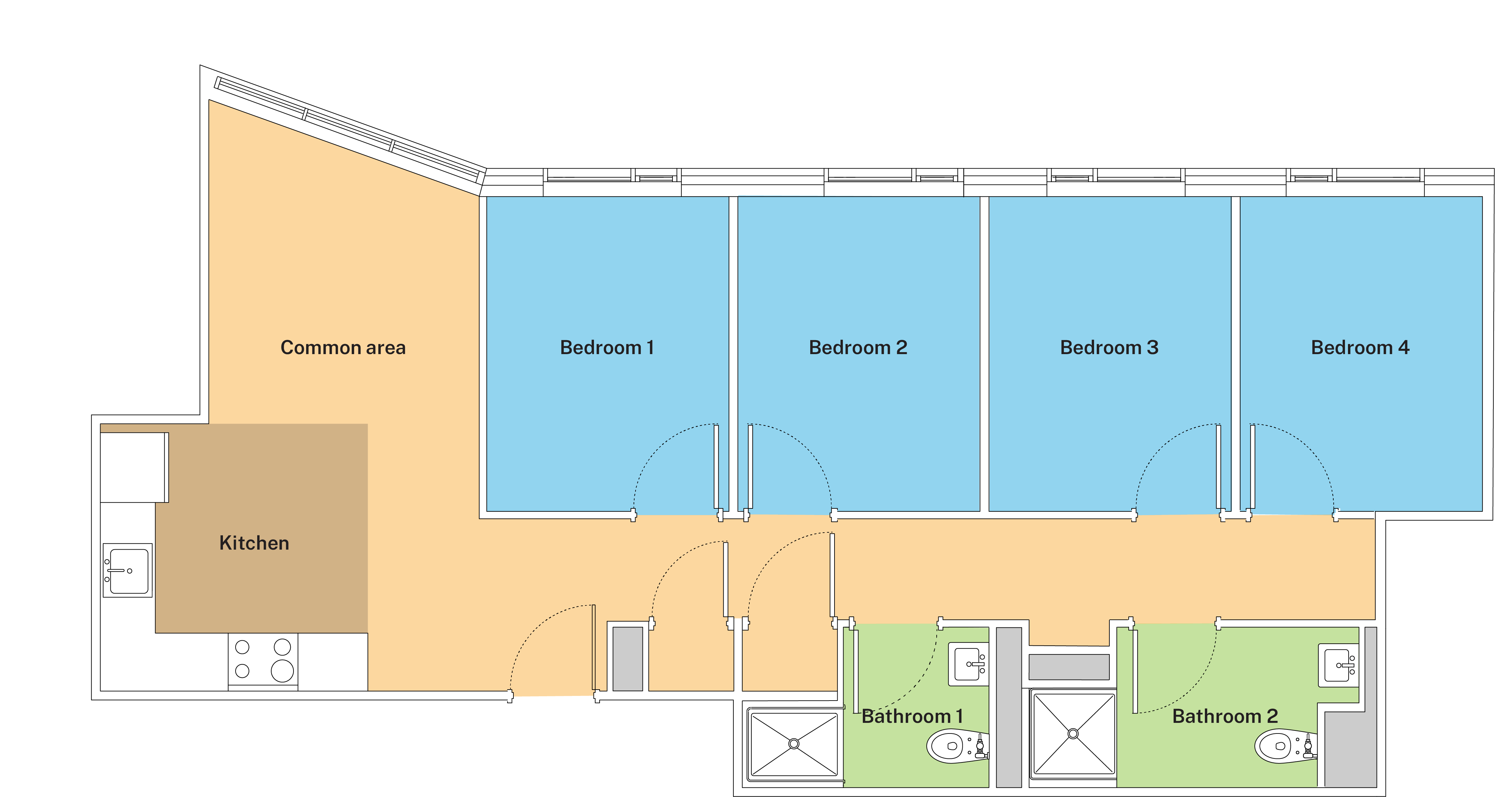 Floor plan for a 4-bedroom, 2-bathroom apartment on Liberty Terrace.