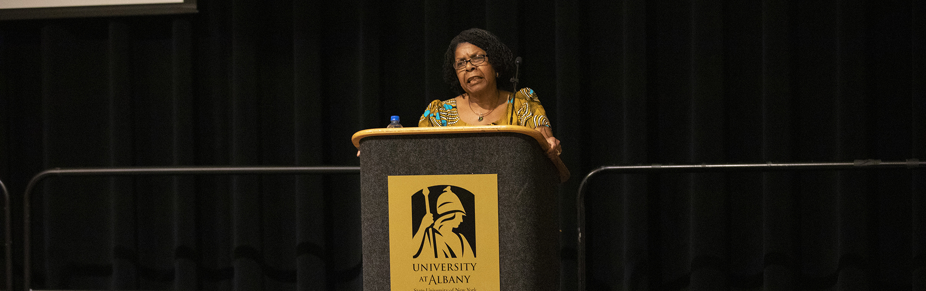 Prof. Marcia Sutherland introduces Poet Nikki Giovanni at a New York State Writers Institute event to celebrate the 50th Anniversary of the Department of Africana Studies at the University at Albany on Thursday, October 10, 2019. (photo by Patrick Dodson)