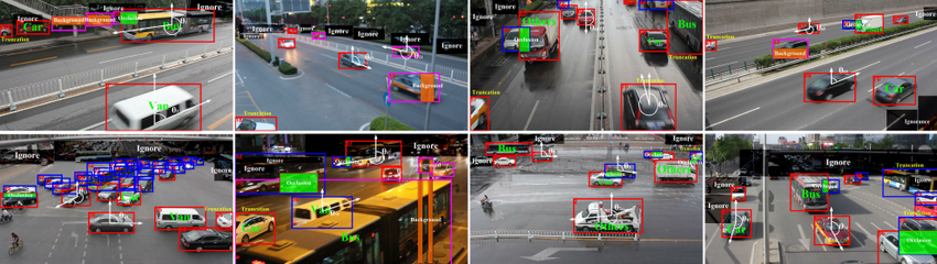 Single and Multiple Object Tracking demonstration, with eight images of cars driving down a motorway, with red or blue boxes around each vehicle and some vehicles identified in green text.