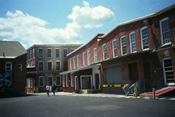 Front of older brick factory building