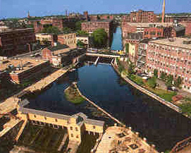 Downtown Lowell Massachusetts with river running through it