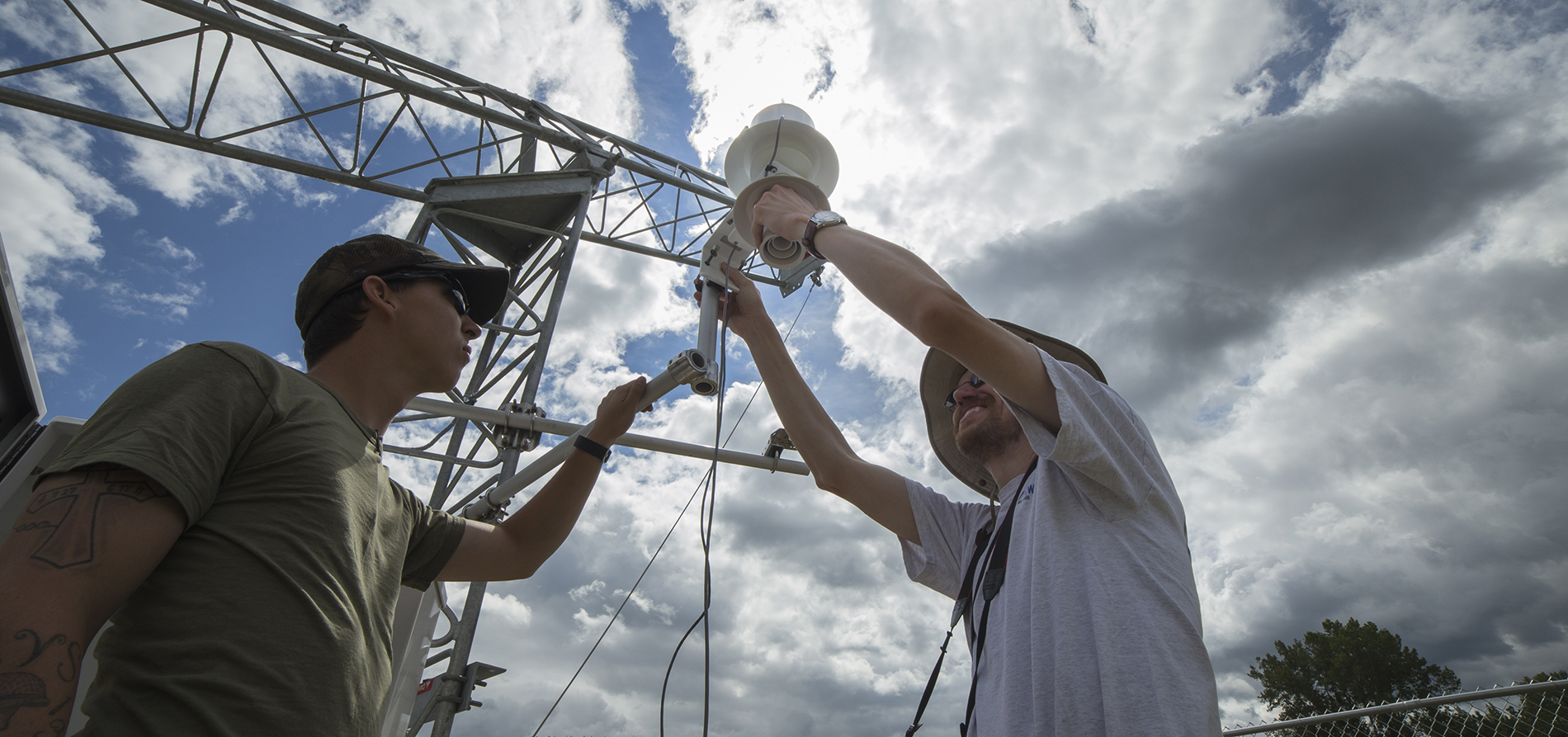 A tower that will be linked into the New York State Mesoscale Weather Network (Mesonet) is completed in Hudson Crossing Park in Schuylerville, NY. Photo by Brian Busher