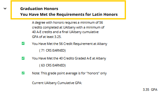 Degree audit showing met requirements for honors.