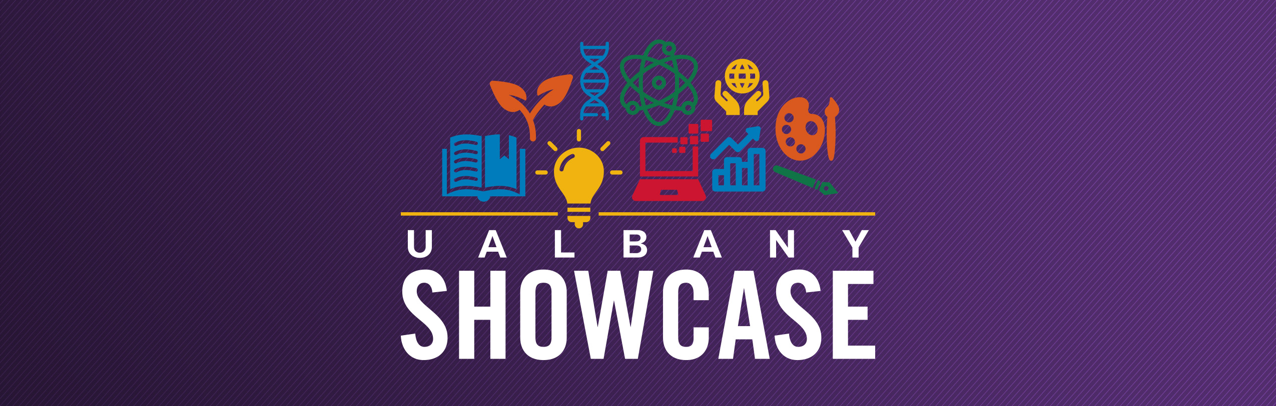 UAlbany Showcase logo, which includes various icons such as a book, lightbulb, DNA, paint brush and palette, and computer.