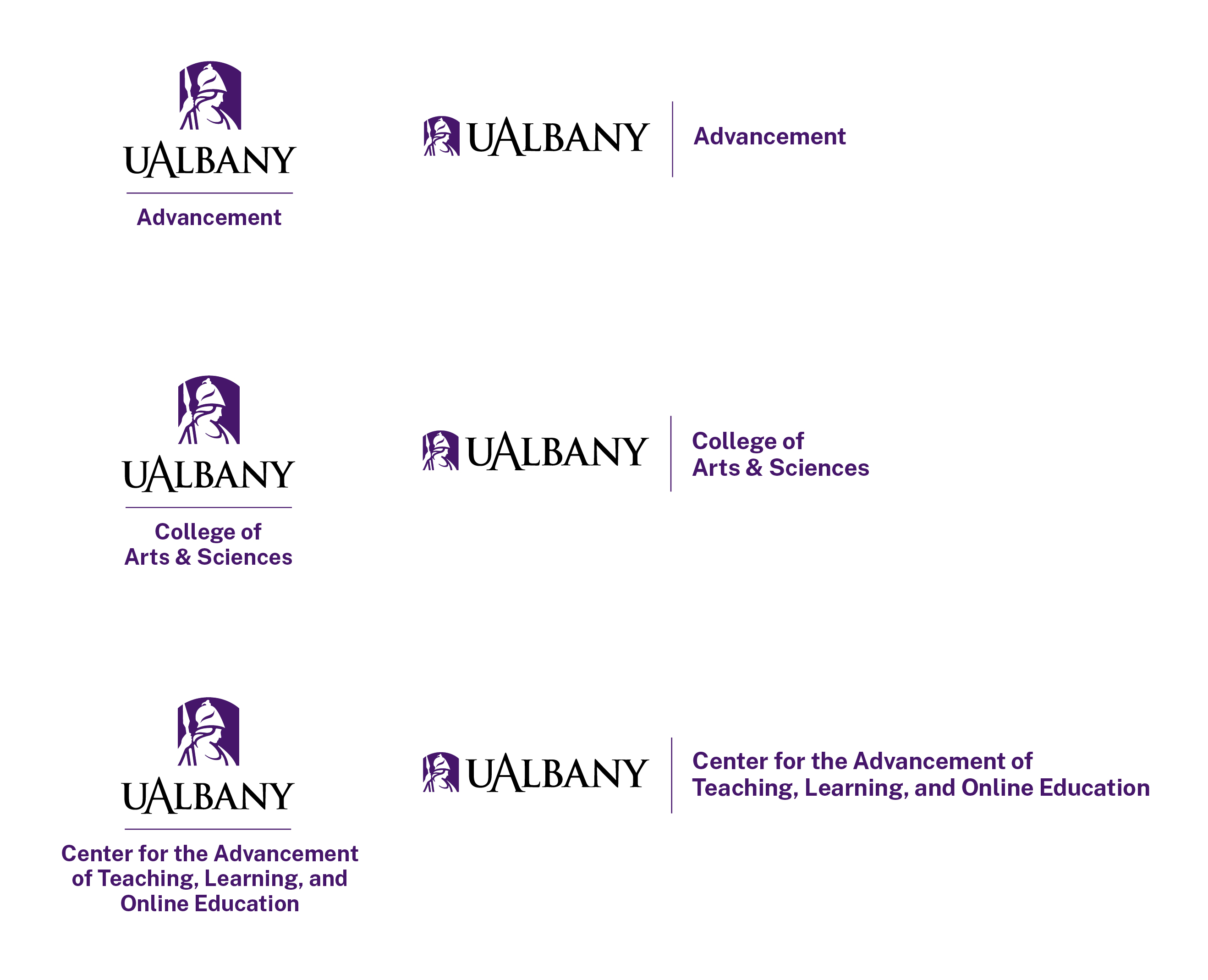 Examples of how to use the UAlbany Minerva logo with various 'unit' marks.