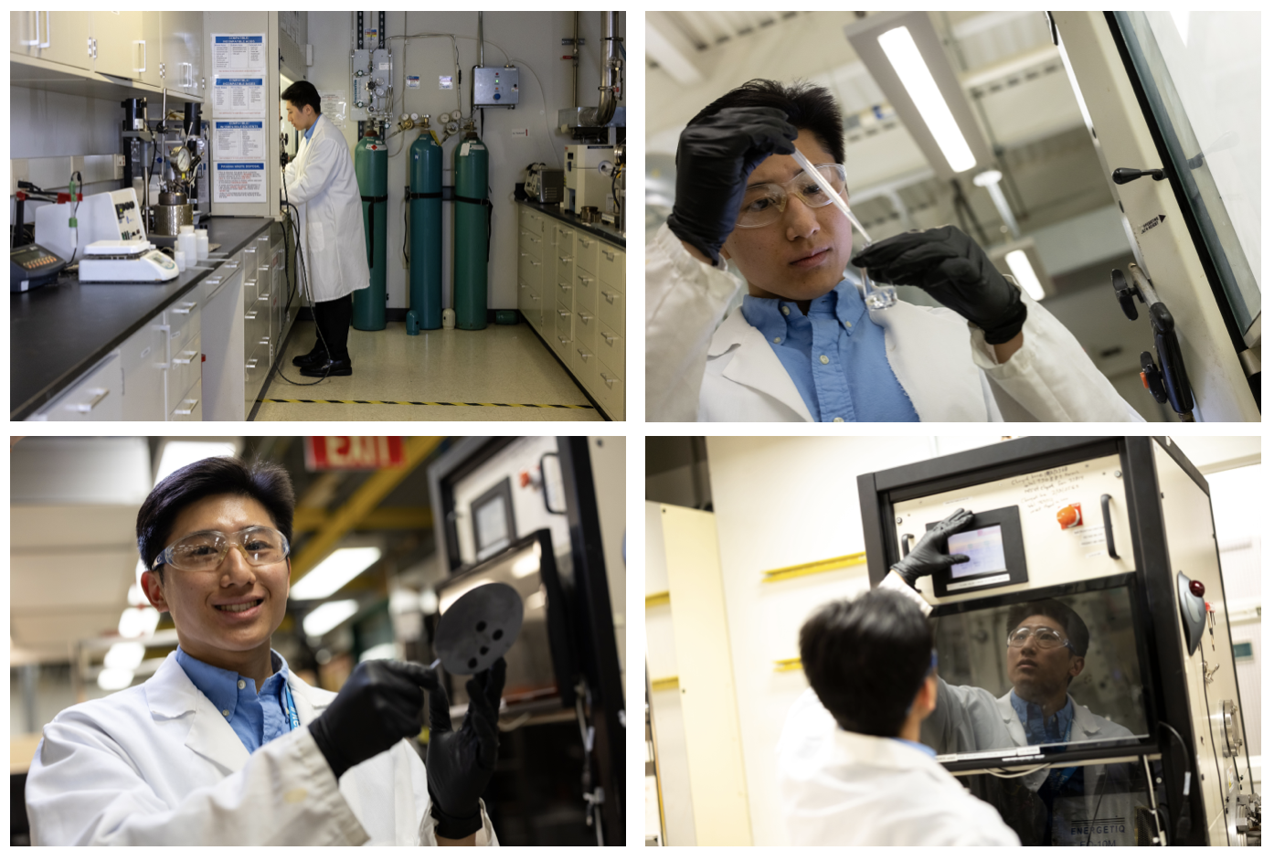 Composite images of a man with short black hair in a white lab coat moving about a laboratory