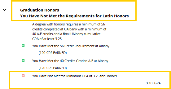 Degree audit showing unmet requirements for honors.