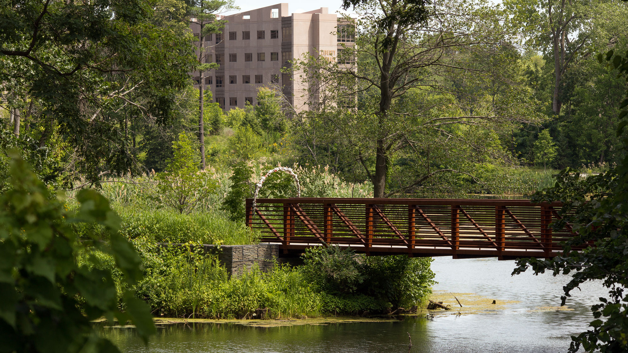 Parker Pond on a bright spring day, with foliage in full bloom.
