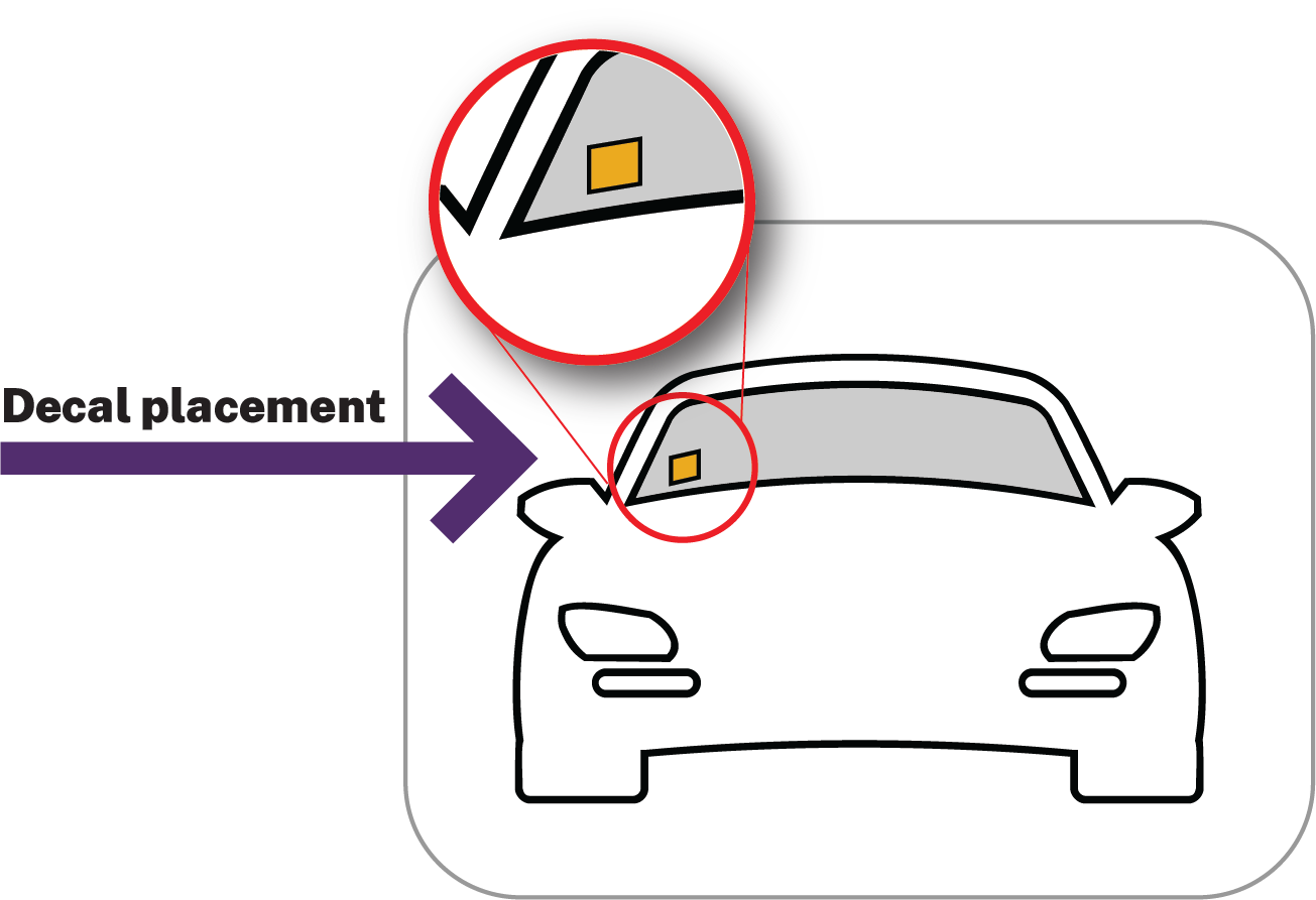 A depiction of proper decal placement inside the lower passenger side of the vehicle's front windshield.