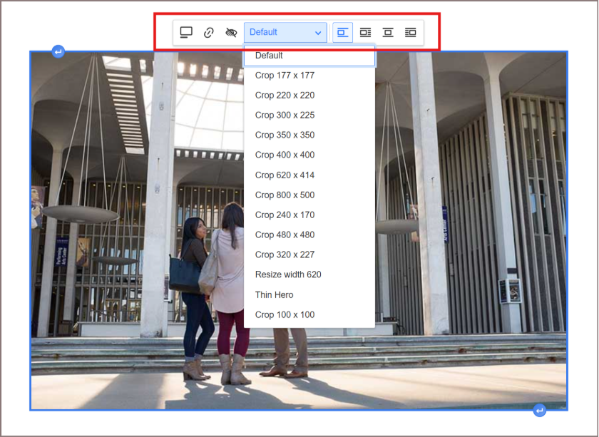 A screenshot of the new Drupal photo editor, with the new image styles menu opened to review the available options.