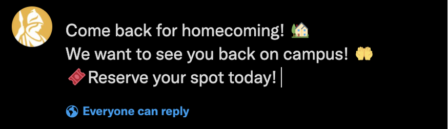 A screenshot of a Tweet from the UAlbany account, which reads: “Come back for homecoming! House with garden We want to see you back on campus! Hands raised Red admission ticket Reserve your spot today!”