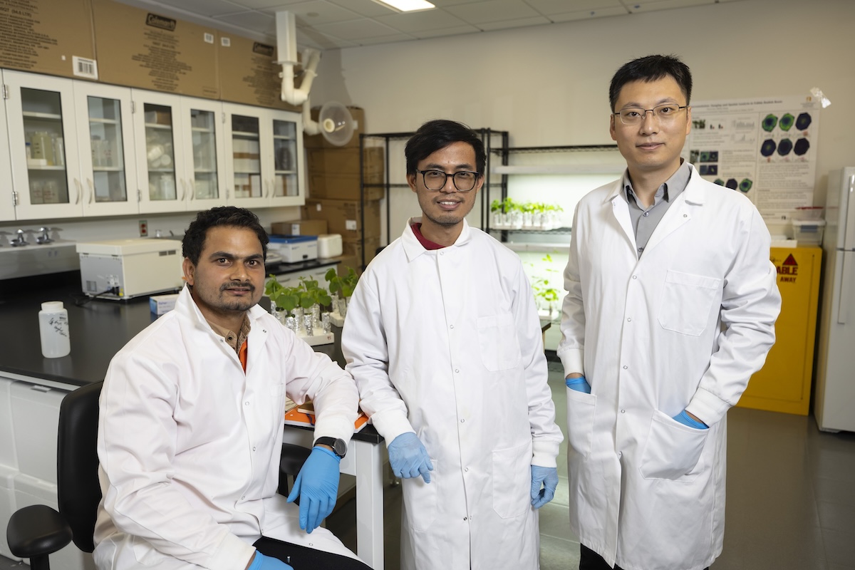 Three men in white lab coats and blue gloves pose for a photo in a laboratory.