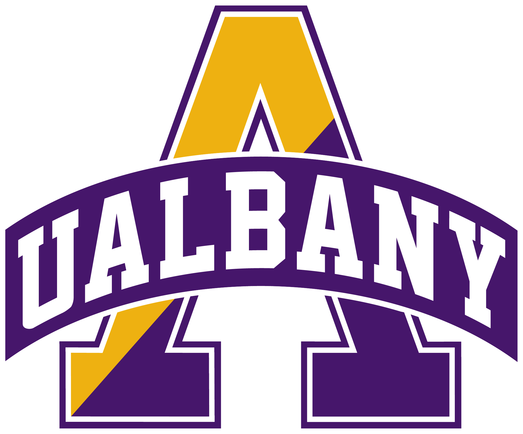 Purple and gold UAlbany logo with split A image