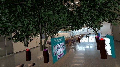 A tree lined corridor in a hospital.