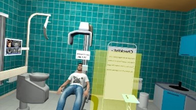 A CGI image of a surgery simulator with a patient on a table.