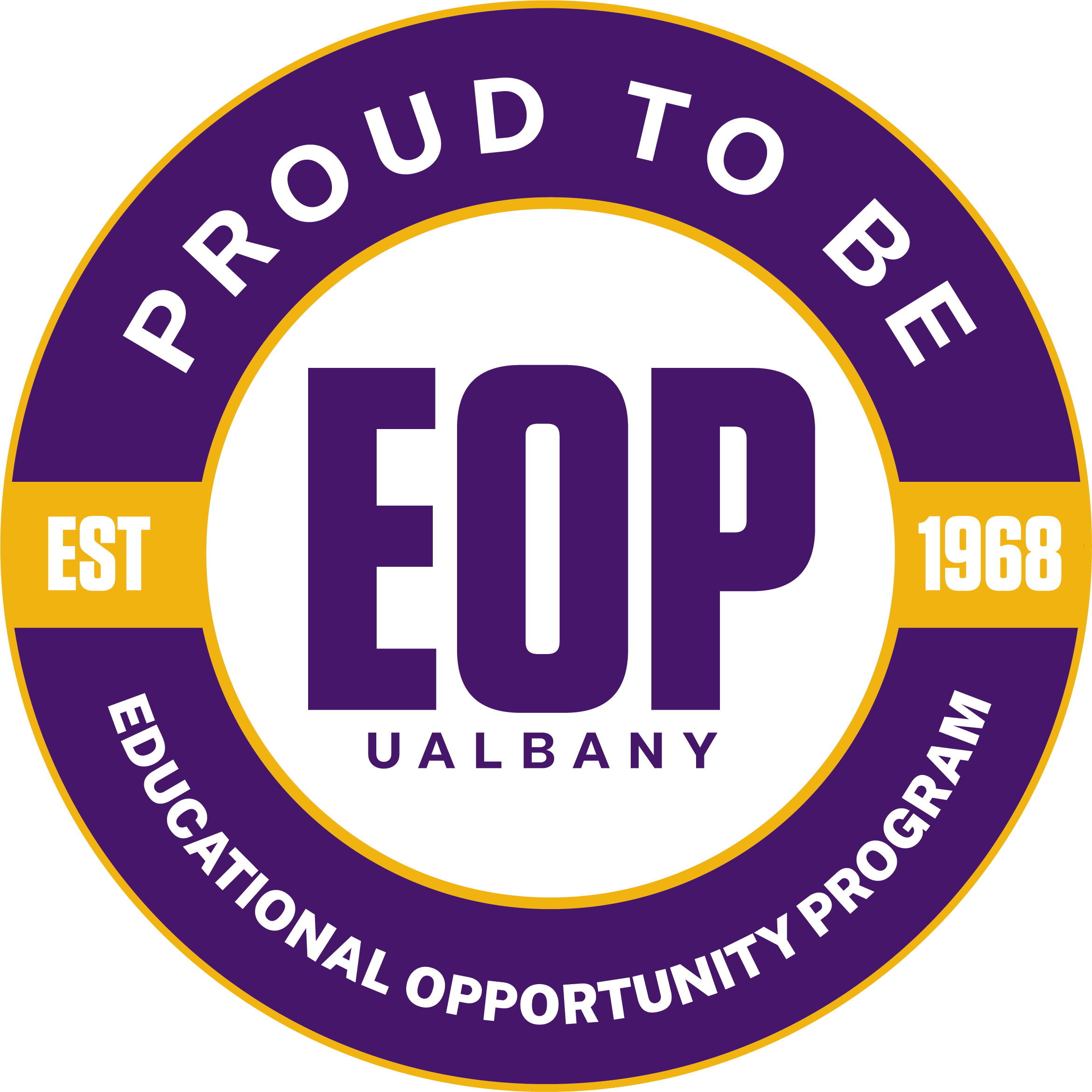 A circular purple and yellow logo for UAlbany EOP, including the words Established 1968 and Proud to Be.