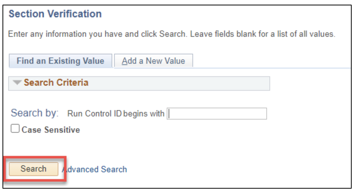 A screenshot of the PeopleSoft page, showing how to select a Run Control ID as a returning user, as described above.