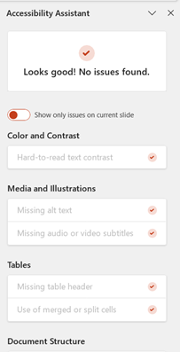 Screenshot of an accessibility assistant panel showing a summary of accessibility checks for a document. The panel indicates specific checks for color and contrast, media and illustrations, tables, document structure, and document access, some marked with warnings such as missing alt text and no headings.
