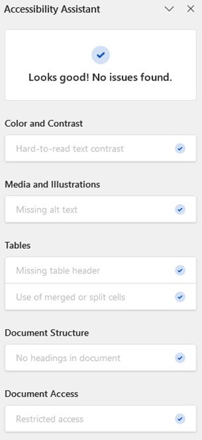 Screenshot of an accessibility assistant panel showing a summary of accessibility checks for a document. The panel indicates specific checks for color and contrast, media and illustrations, tables, document structure, and document access, some marked with warnings such as missing alt text and no headings.