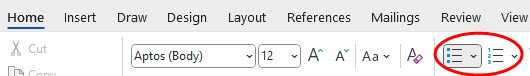 Screenshot of a Microsoft Word toolbar showing text formatting options. The toolbar includes font selection, font size, bold, italic, and bullet/numbered list buttons, with the numbered list button highlighted by a red circle