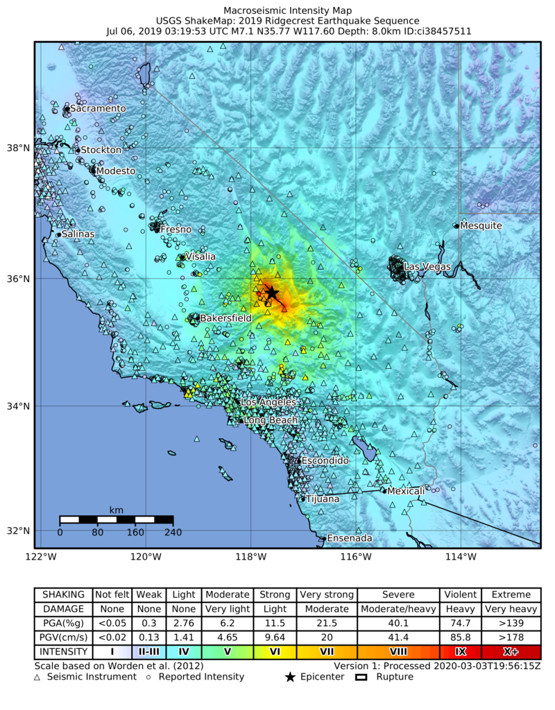 Earthquake heat map of Ridgecrest, California