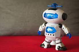 A white and blue robot with smart functionality.