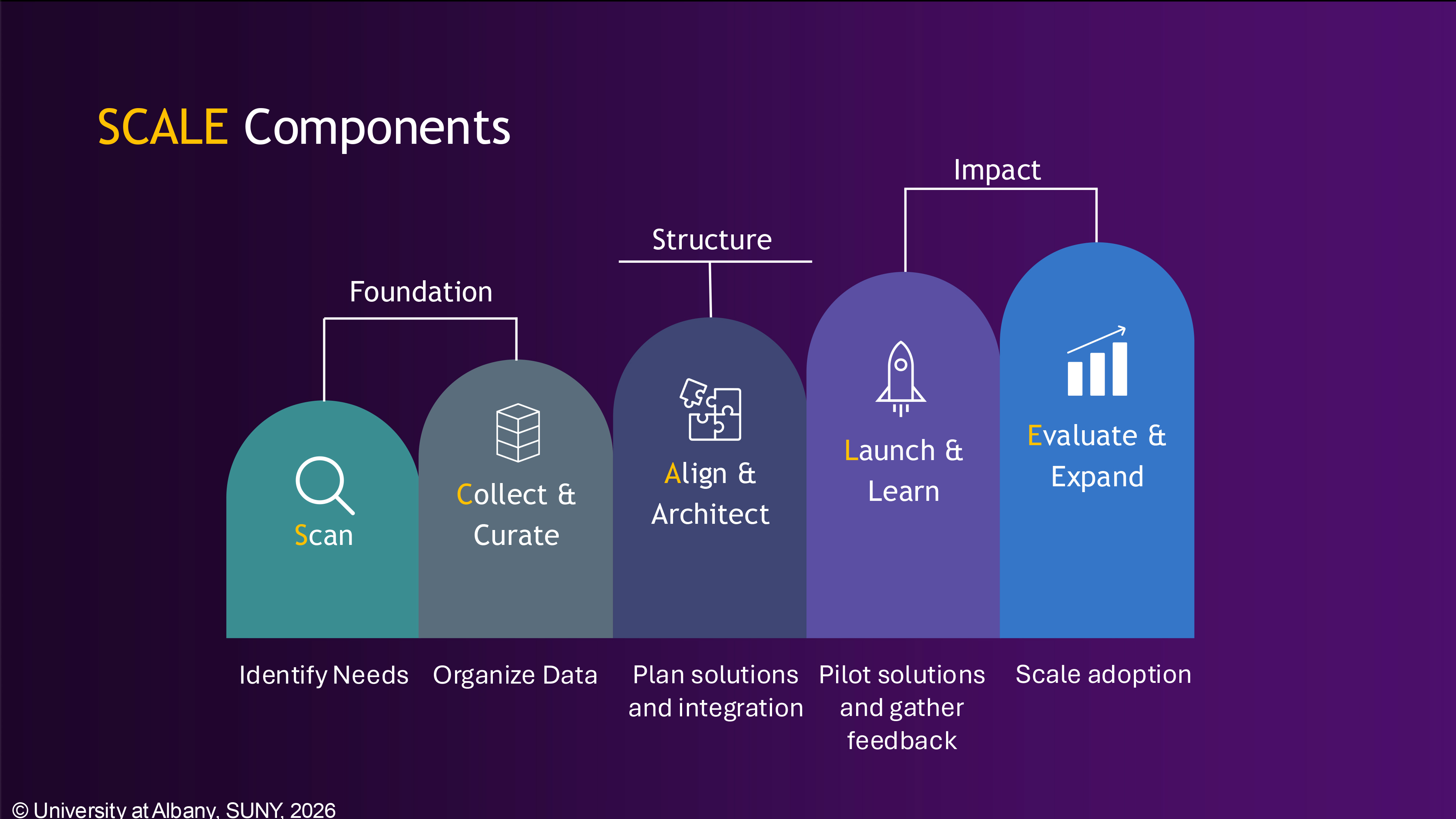 An infographic explaining the SCALE Framework's five components. For a detailed text alternative, please read the text directly above this image.