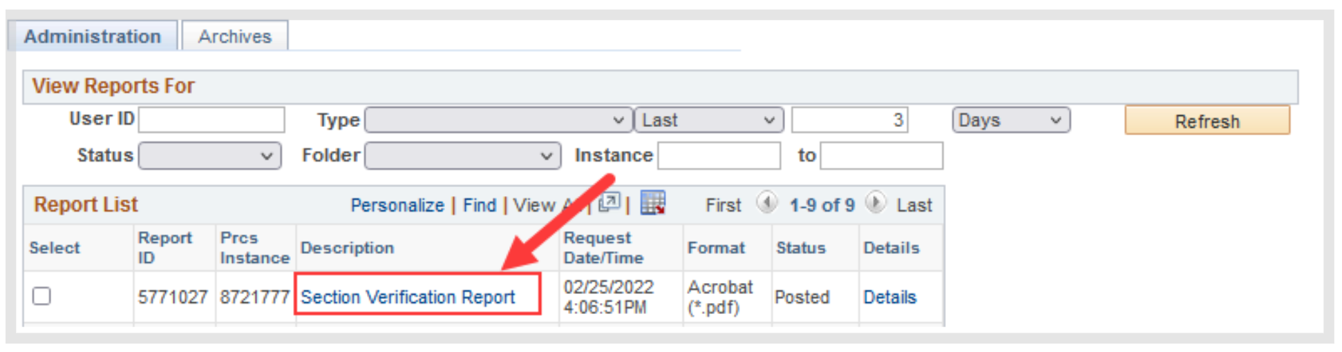 A screenshot of the PeopleSoft page, showing the actions described above in Step 8.