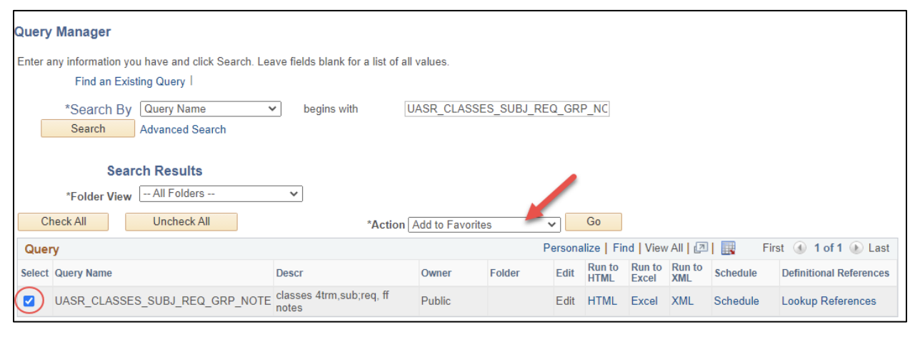 A screenshot of the PeopleSoft page showing how to save a query to your favorites, as described above.