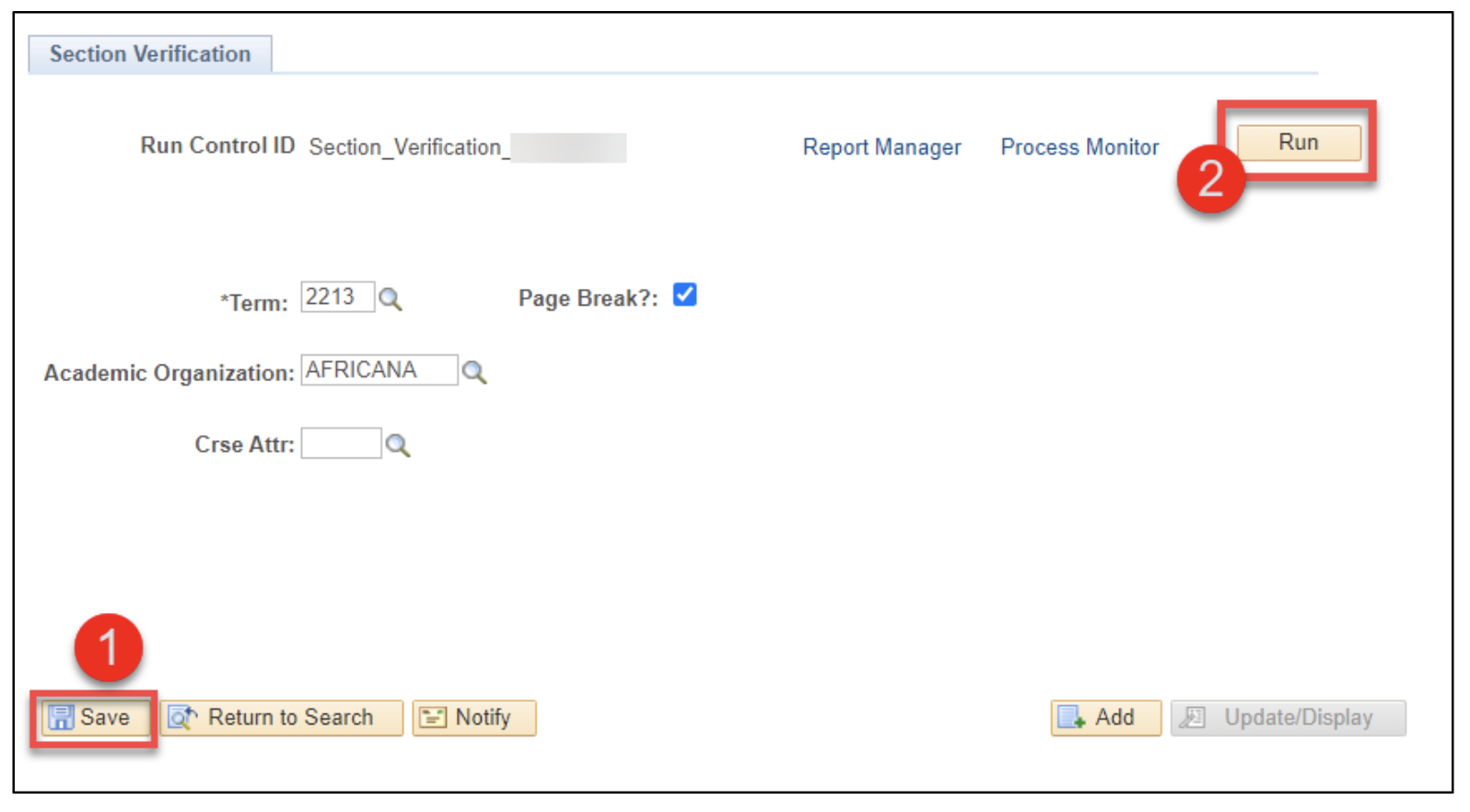 A screenshot of the PeopleSoft page, showing how to save and run an SVL query, as described above.