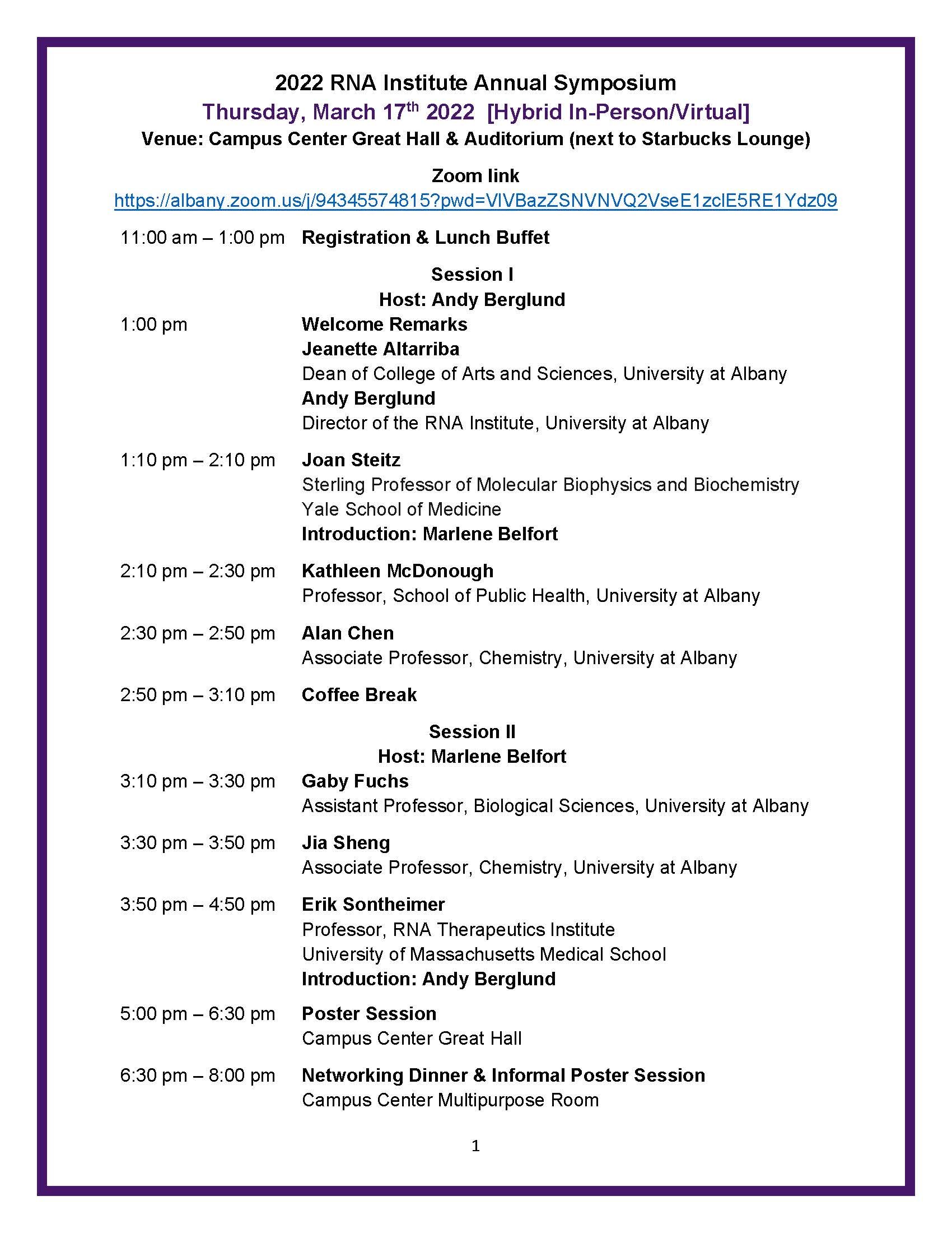 2022 RNA Institute Annual Symposium Full Program Page 1. Access detailed alternative text directly below photo.